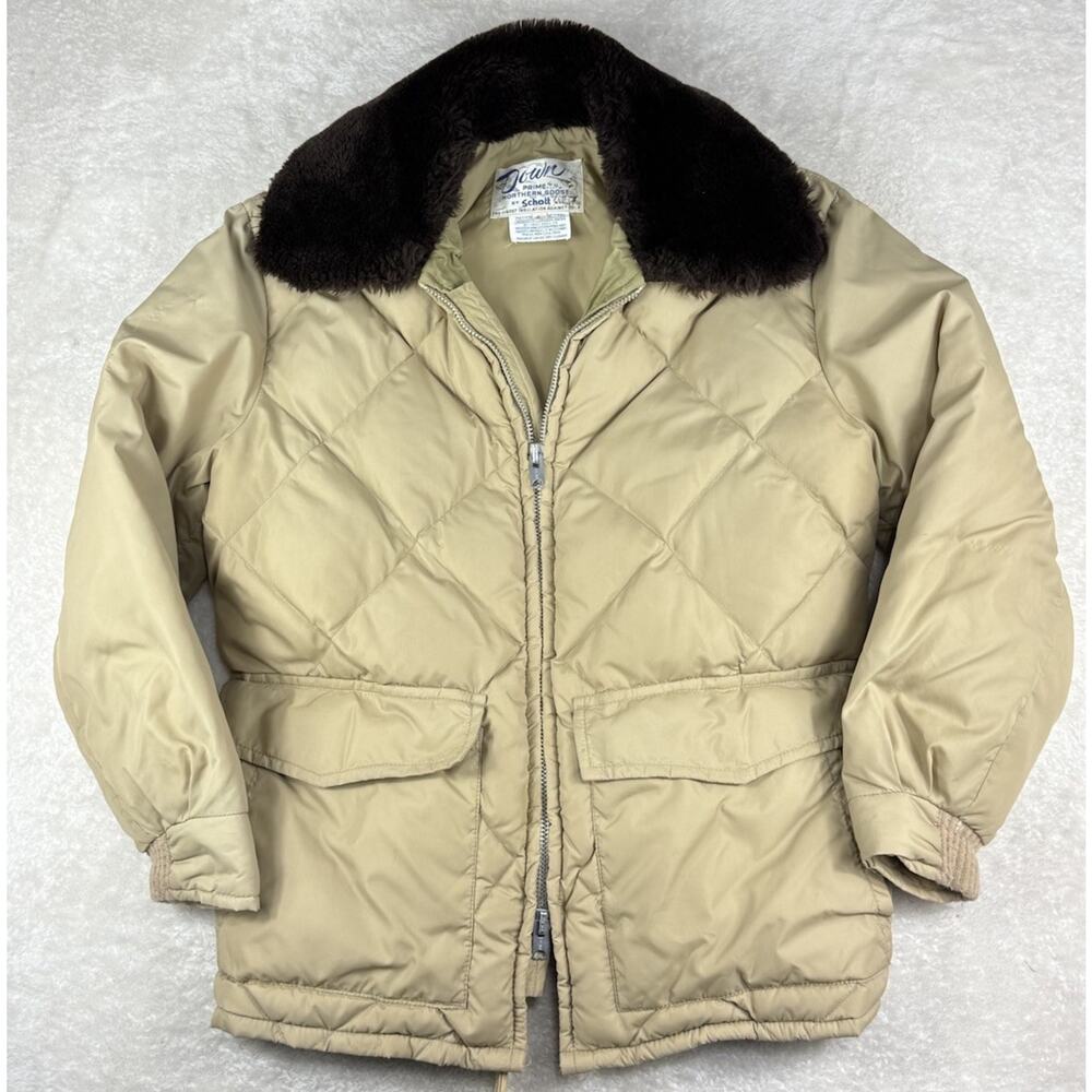 Schott Vintage 70s Tan Goose Down Jacket Fur Collar L NYC Finest Insulation USA